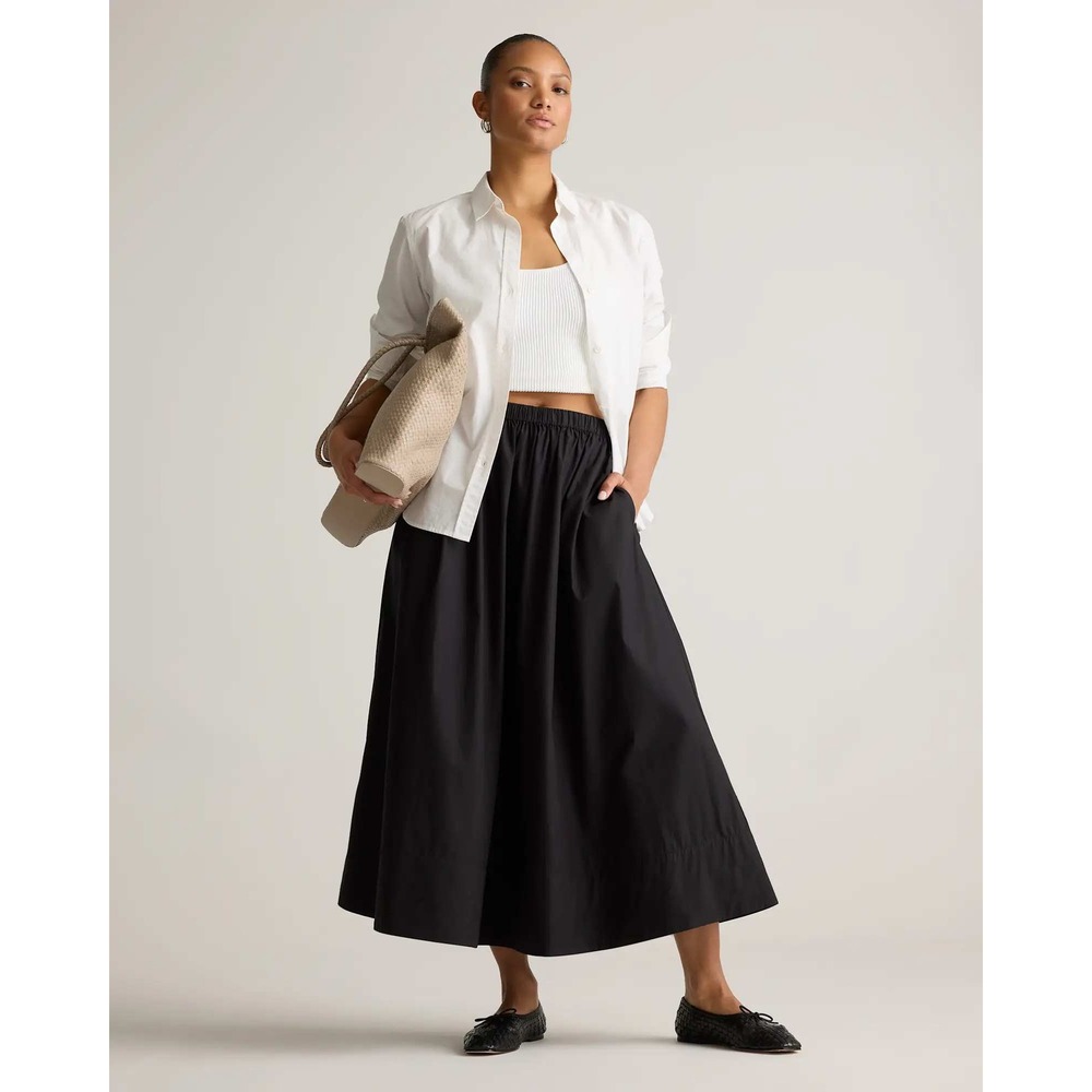 Quince Organic Cotton Poplin Midi Skirt Black Small NWT Elastic Waist Pockets